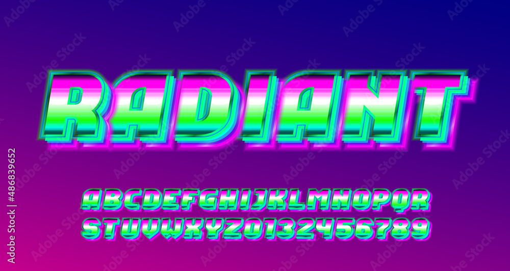 Poster radiant alphabet font. bright neon letters and numbers. stock vector typeface for your typography in