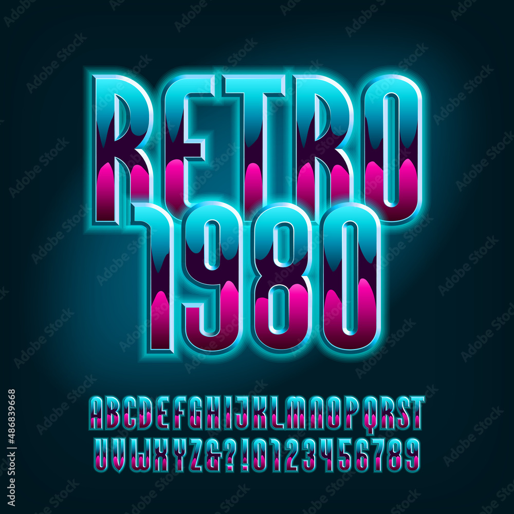 Aufkleber retro 1980 alphabet font. glowing letters and numbers. stock vector typeface for your typography in 