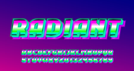 Radiant alphabet font. Bright neon letters and numbers. Stock vector typeface for your typography in retro 80s style.