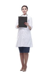 in full growth. female doctor with clipboard.