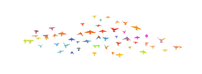 Multi-colored birds. A flock of flying rainbow birds. Vector illustration