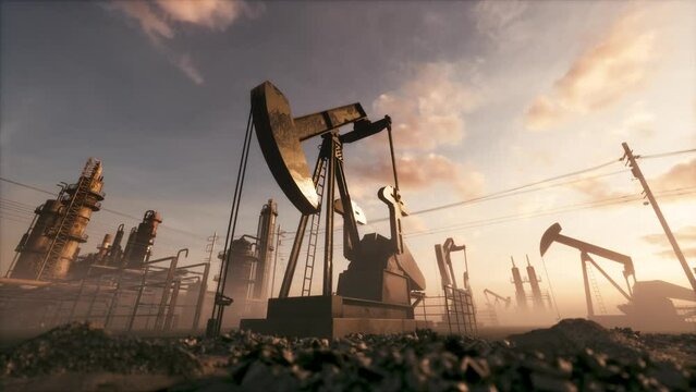 Working oil pump jack rig at sunset. Oil pump jack on the factory. Looping video