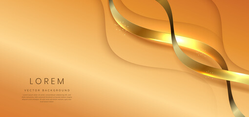 Abstract 3d soft orange background with ribbon gold lines curved wavy sparkle with copy space for text.