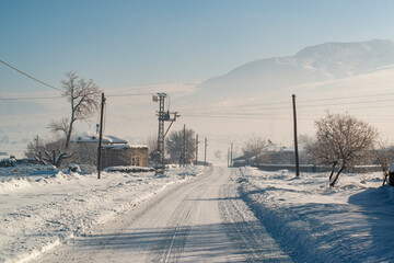 Panoramic view of the natural winter landscape in the rural part of Anatolia,