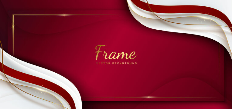 Abstract template red and grey geometric curved with golden line layer on black background. Luxury style. Frame background.