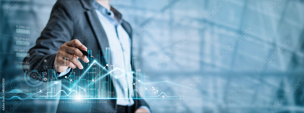 Poster businessman draw growth graph and progress of business and analyzing financial and investment data, 