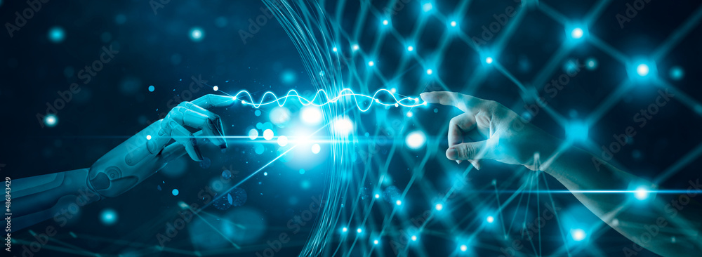 Poster Hands of robot and human touching on data networking connecting in virtual interface on future, Science and innovation, Futuristic Artificial intelligence technology concept. Blue tone.