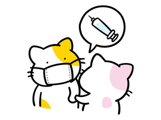 病院で注射を打つかわいいねこのキャラクターの手書き風イラスト