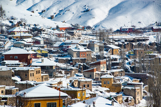 The town of Güzelyurt near the Ihlara valley with underground cities in Cappadocia, Aksaray,Turkey. Winter landscape .