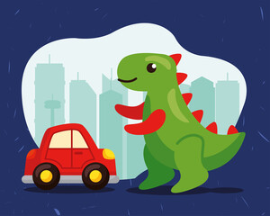 car and dinosaur