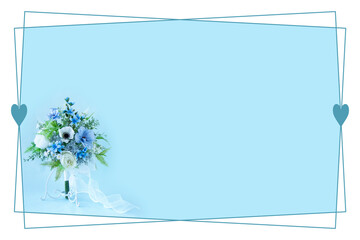 幸せを願う白と青のウェディングブーケのハート・フレーム（アネモネ、バラ、ラナンキュラス、ブルースターなどの造花）