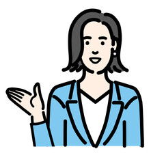 笑顔で説明をしているスーツを着た若い女性
