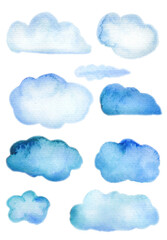Watercolor blue clouds set isolated on white background. Hand painting on paper