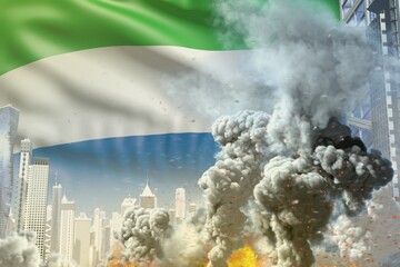 huge smoke pillar with fire in the modern city - concept of industrial explosion or act of terror on Sierra Leone flag background, industrial 3D illustration