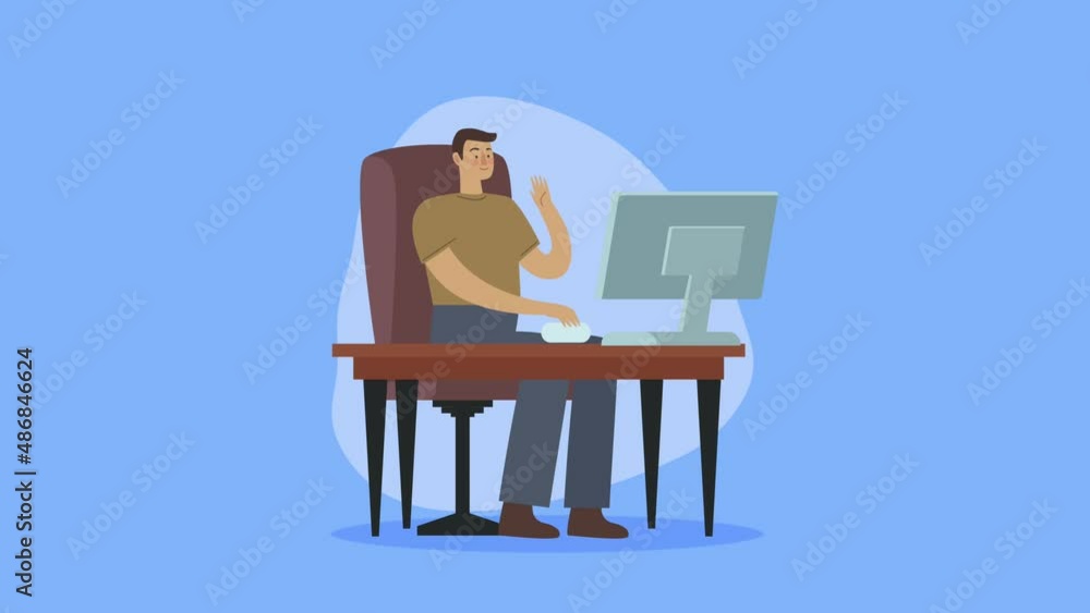 Poster man using desktop in the workplace