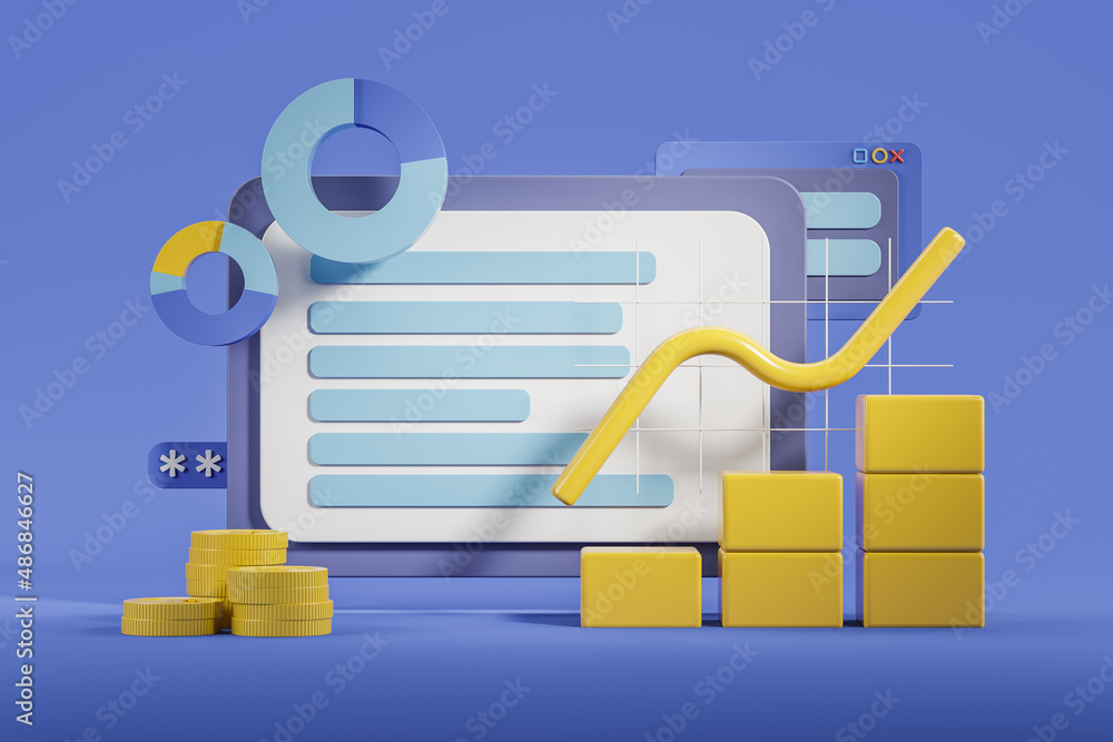 Poster tablet with text, financial data with pie chart and graphs, digital device