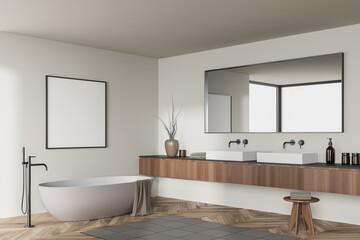 Naklejka na ściany i meble Light bathroom interior with bathtub and double sink. Mockup poster