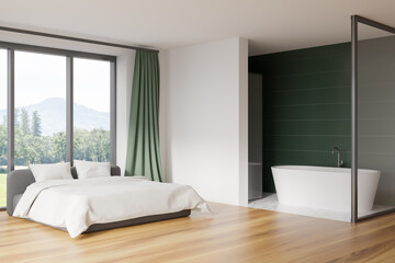 Fototapeta na wymiar Modern hotel room interior with king size bed, ceramic white bathtub. Green tile on walls, Hardwood flooring. Panoramic window. 3d rendering.
