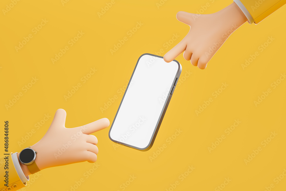 Poster cartoon character point at phone mobile screen with mockup empty screen