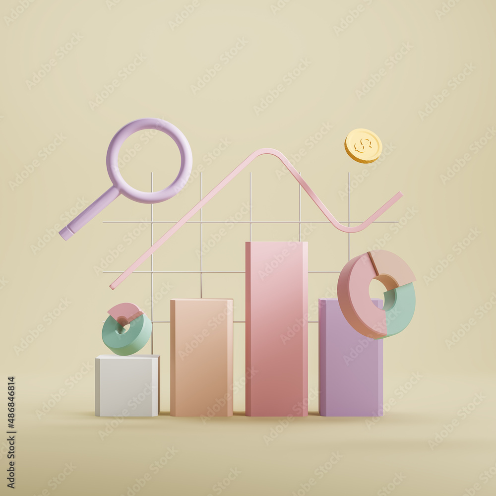 Poster financial chart with graphs and floating coins. business analysis