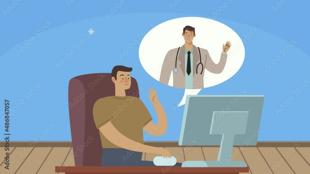 Poster man using desktop speaking in the workplace