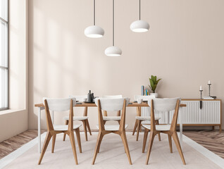 Light eating interior with seats, drawer and table near window