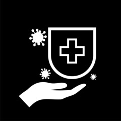 Shield protecting from virus icon isolated on dark background