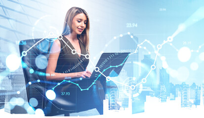 Office woman working with device, stock market lines and buildings