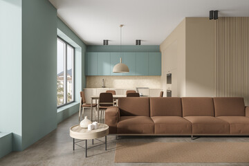 Bright kitchen room interior with sofa, coffee table, dining table