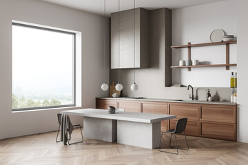 Modern dining interior with table and seats, shelves and panoramic window