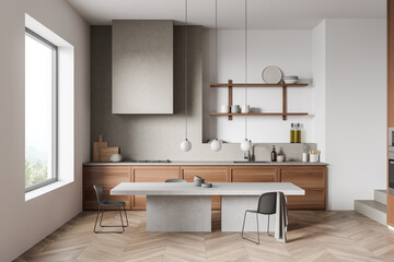 Dining interior with table and seats, shelves and panoramic window