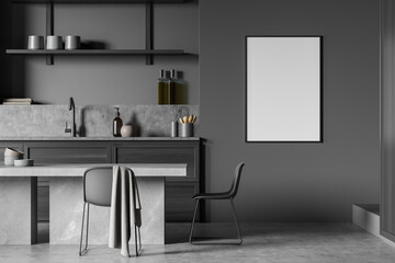 Dark kitchen room interior with empty white poster, dining table