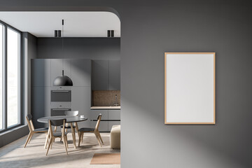 Dark kitchen room interior with empty white poster, panoramic window