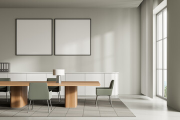 Light office room with stylish furniture, shelf with window, mockup frames