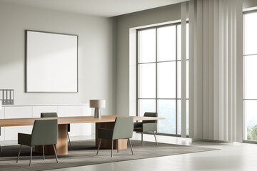 Corner view on bright office interior with empty white poster