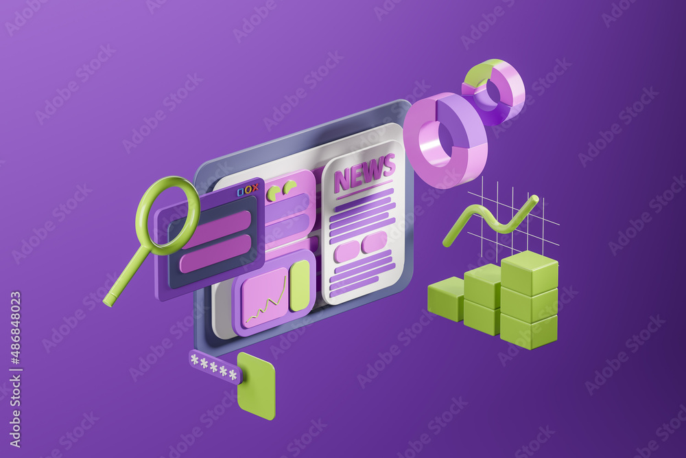 Poster web window with text, financial data with pie chart and graphs, digital device