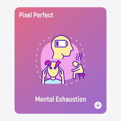 Mental exhaustion concept with thin line icons, working fatigue, frustrated man, low battery. Depression, professional crisis, low activity. Vector illustration.