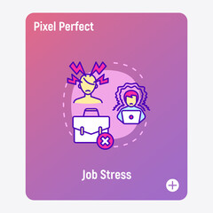 Job stress, burnout concept with thin line icons, working fatigue, overworked man. Professional crisis, low activity, deadline, annoyance. Vector illustration.