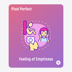 Feeling of emptiness concept with thin line icons, working fatigue, loneliness, tired man, low battery. Depression symptoms. Vector illustration.
