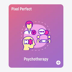 Psychotherapy concept with thin line icons, psychoanalysis with professional, support and solution mental problems, connect puzzle in head. Vector illustration.