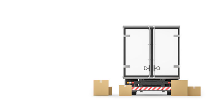 Back view of closed trailer isolated over white background. Mockup