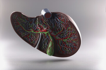 Artificial plastic model of liver in cut on hook placed on grey background