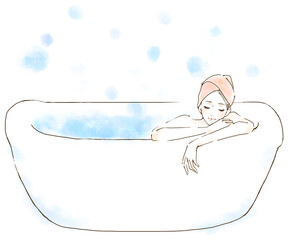 湯船に浸かる女性　リラックスタイム　水彩風イラスト