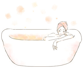 お風呂でリラックスする女性のイラスト　水彩風　バスルーム