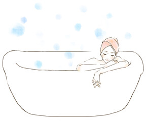 半身浴をする女性のイラスト　水彩風