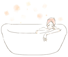 半身浴とアロマでリラックスする女性　ライフスタイルのイラスト