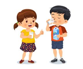 Cute girl holding a glass of milk and giving the thumbs up to a boy drinking milk. Vector illustration