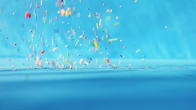 Multi-colored differently shaped topping sweets are falling on a table on a blue background. 4k slow motion bright fun video.