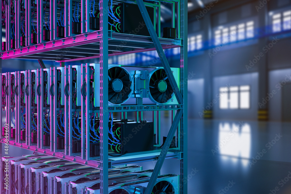 Poster crypto mining farm with graphic card or gpu rack
