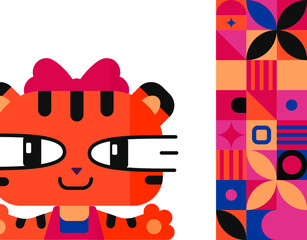 Postcard with a tiger cub girl. Cheerful poster